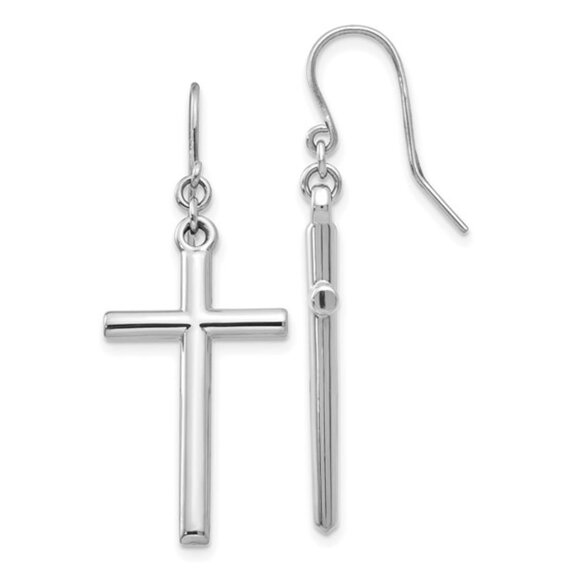 14k Yellow OR White Gold Tubular Cross Shepherd Hook Dangle Drop Earrings - Picture 5 of 8
